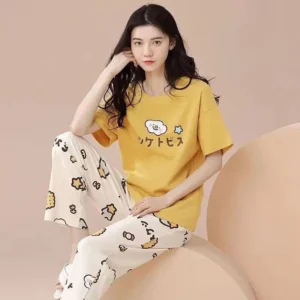 2 Pcs Cute Cartoon Printed Yellow Pajama Set for Women.PJs