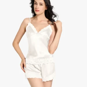 3 Pcs Luxurious White Silk Camisole & Gown Sets For Women