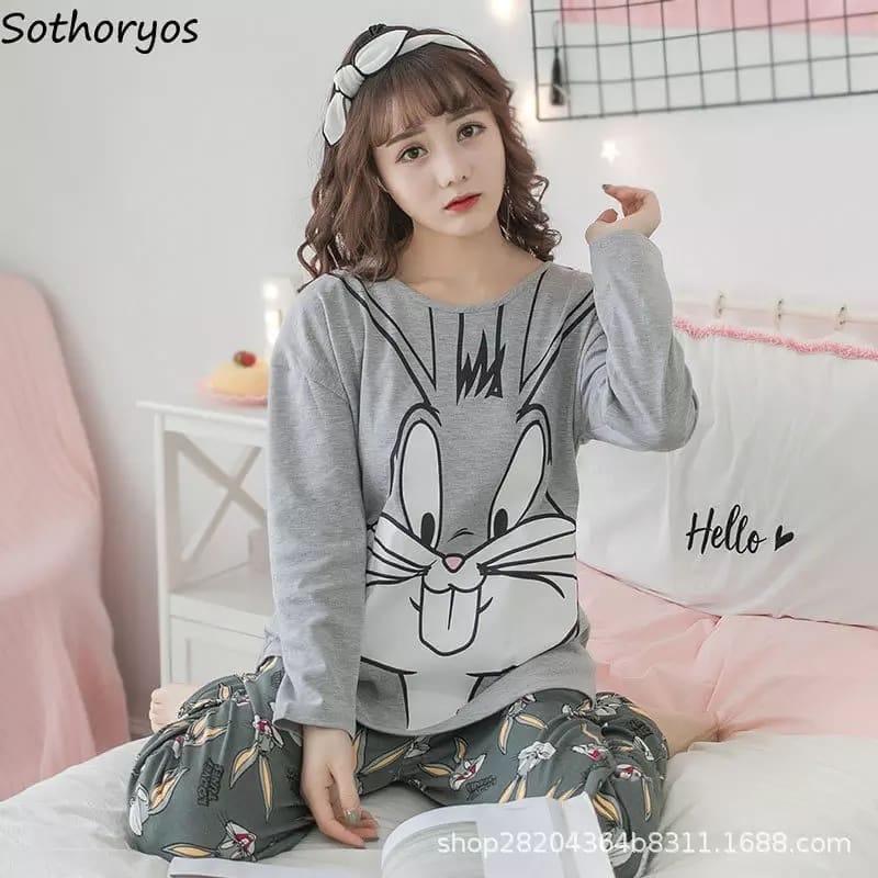 Buggs Bunny Contrast Print PJ Set in Hazzle Grey