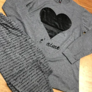 2 Pcs Black Heart Grey Printed Night Suit For Girl. PJs