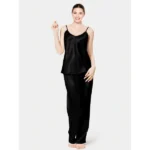 Black Satin Silk Camisole Pajama Set For Women