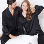 Black Silk Couple Pajamas With Matching Piping Ultimate Comfort and Style