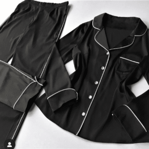 Black Silk Night Suit Turn Down Collar Long Sleeves