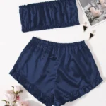 Blue Satin Striped Frill Trim Tube Top And Shorts Set For Women