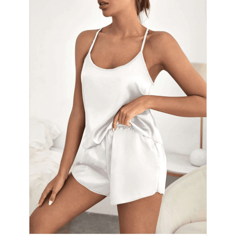 White Silk Lace Cami Short Set - Silk Nightwear Set for Ladies