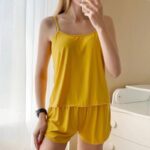 Yellow Women Sexy Polister Pajamas Sets Short Sling Top with Cami Shorts