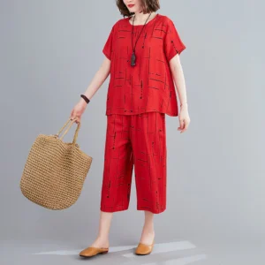 2 Pcs Nighty Dress Red Printed Capri PJs Night Suit