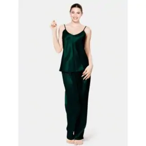 Dark Green Satin Silk Camisole Pajama Set For Women in pakistan by nightydress.com