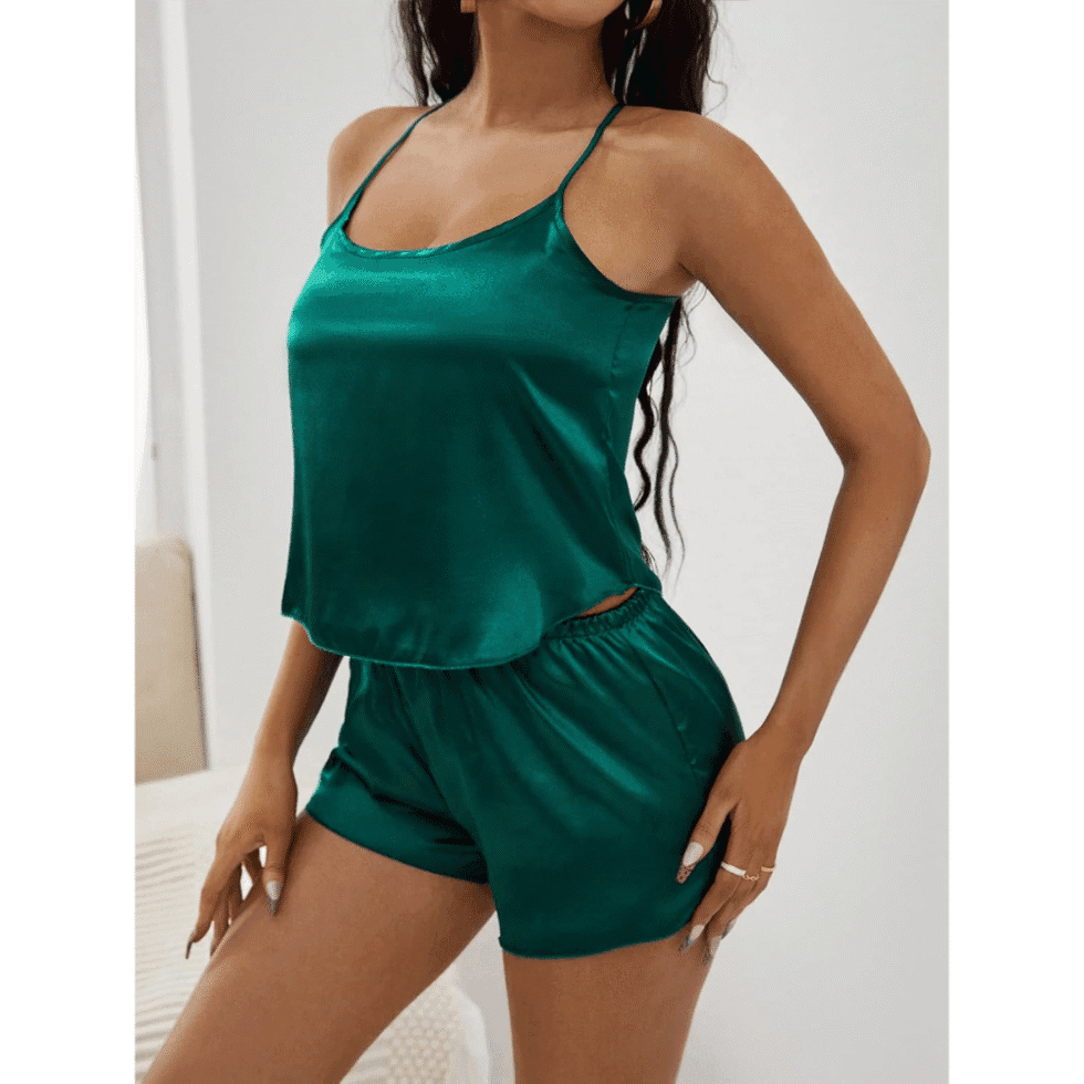 Green Silk Lace Cami Short Set - Silk Satin Night Suit In Pakistan
