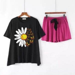 Black & Pink Cotton Half Sleeve Short Nighty for Women In Pakistan