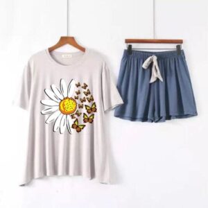 Grey & Blue Cotton Half Sleeve Short Nighty for Women In Pakistan