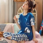 2 Pcs Blue I am Sleepy Woman  Pajama Set (Shirt Trouser) Night Suit For Women. PJs