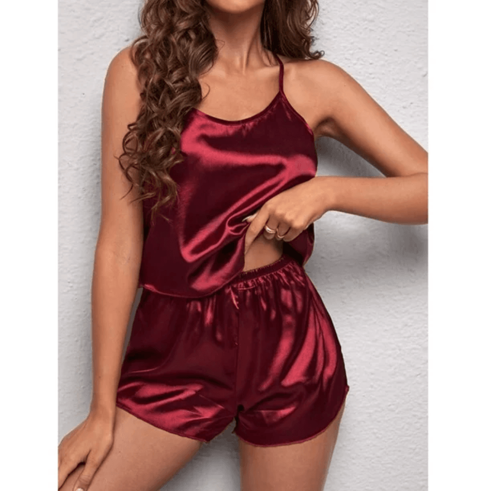 Maroon Silk Lace Cami Short Set For Women In Pakistan