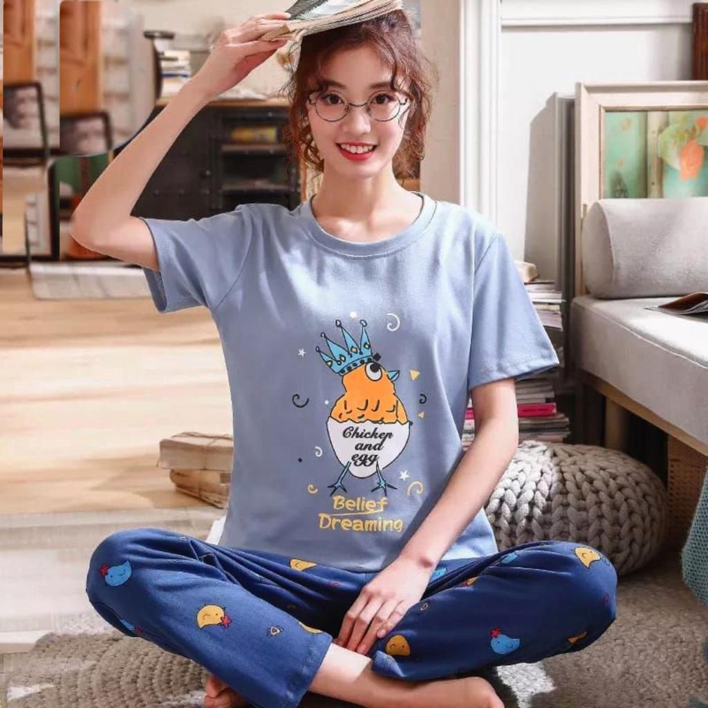 2 Pcs Printed light Blue Chicken and Egg Design Sleep Wear With Half Sleeves T-Shirt and Pajama Night Suit For Women