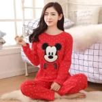 2 Pcs RED MICKEY Full Sleeve Pajama Set (Shirt Trouser) Night Suit For Women. PJs