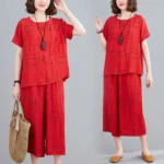 2 Pcs Nighty Dress Red Printed Capri PJs Night Suit