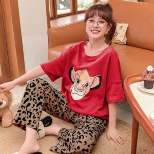 2 Pcs Red Simba Woman Pajama Set (Shirt Trouser) Night Suit For Women. PJs