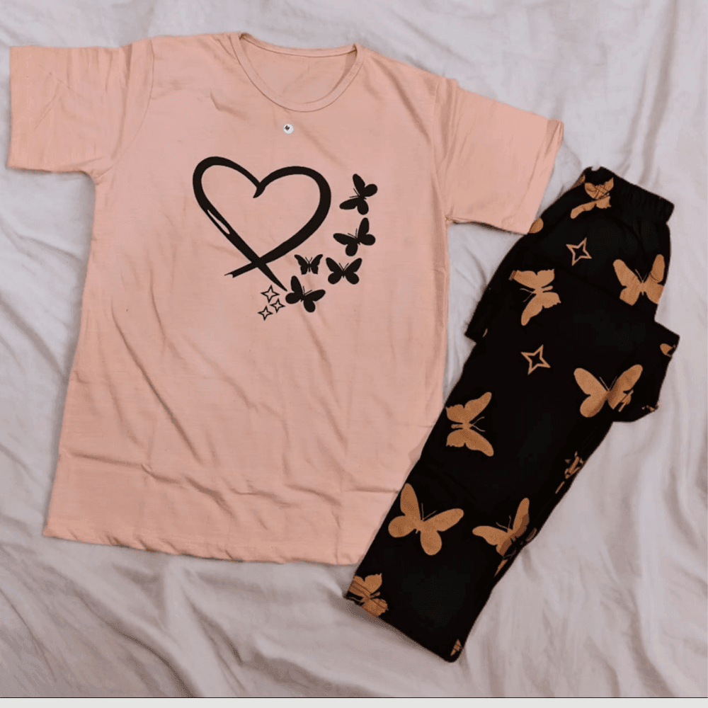 2 Pcs Hearts and Butterfly's Pajama Set (Shirt Trouser) In Pakistan