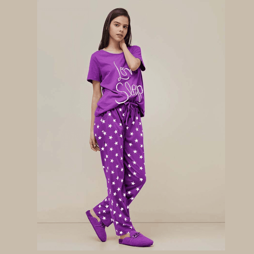 2 Pcs Purple Love Sleep Printed Night Dress For Women and Girls PJs