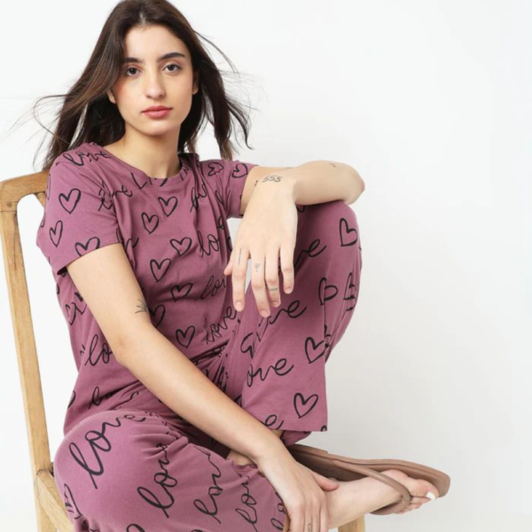 2 Pcs Heart's & Love Printed Regular Fit Pajama Sets For Women. PJs