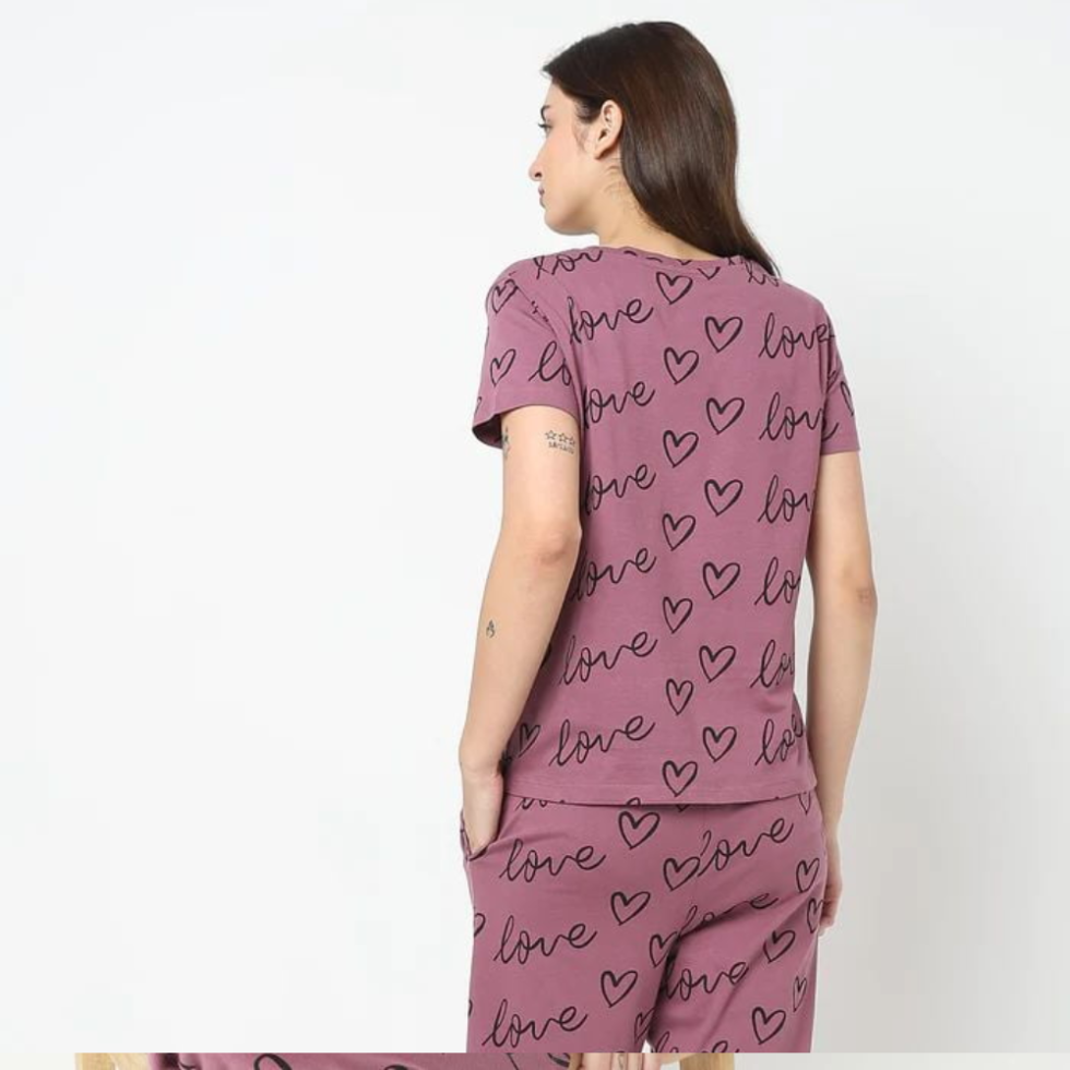 2 Pcs Heart's & Love Printed Regular Fit Pajama Sets For Women. PJs