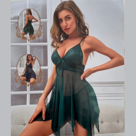 Floral Lace Teal Green 2-Piece Transparent Nighty Set for Women