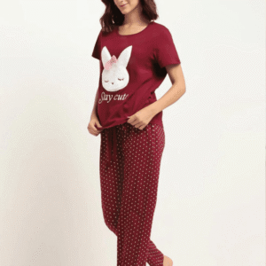 2 Pcs Maroon Bunny Printed Pajama Set (Shirt Trouser) Night Suit For Women. PJs