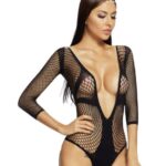 Fish Net V Neck Romple Style Half Body Black Stocking For Women