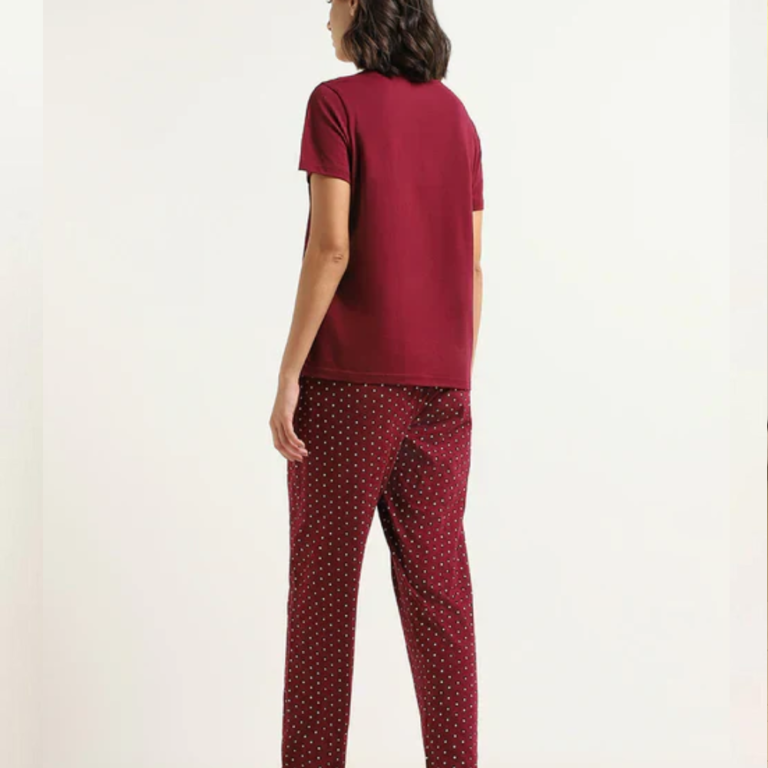 2 Pcs Maroon Bunny Printed Pajama Set (Shirt Trouser) Night Suit For Women. PJs