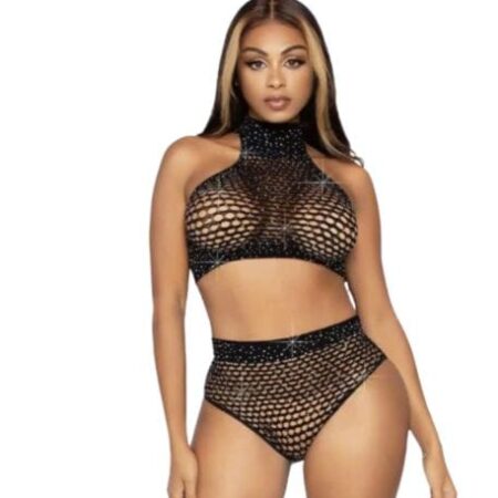 Fish Net Full Neck Bra Panty Style Half Body Black Stocking For Women