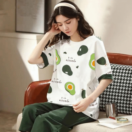 White Avocado Printed Half Sleeves Round Neck T-Shirt and Pajama Night Suit For Women