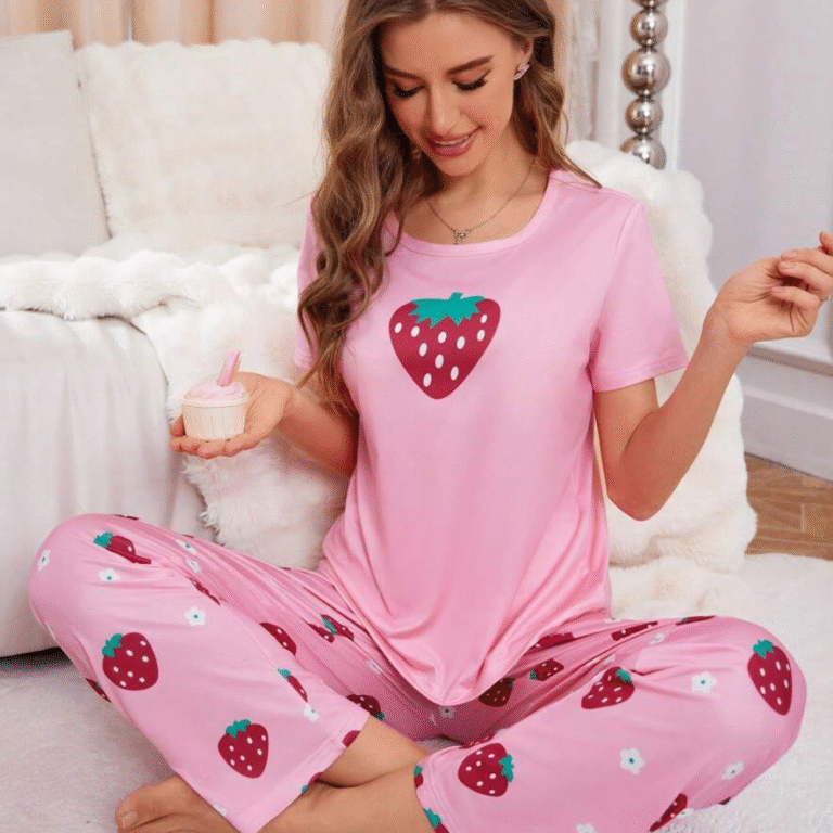 Strawberry Print Women's Short Sleeve Pajama Set