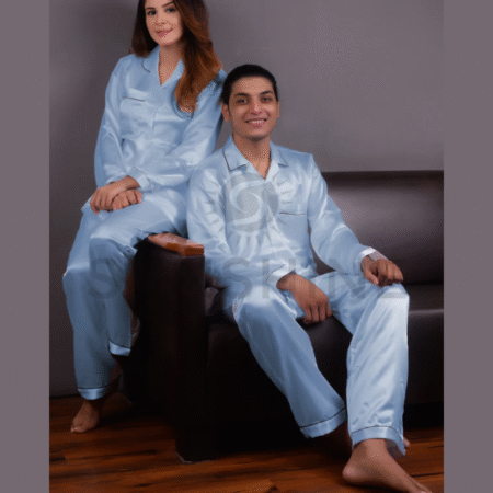 Sky Blue Silk Couple Nightwear Set – Luxurious & Romantic
