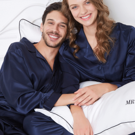 Blue Silk Couple Pajamas With Matching Piping Ultimate Comfort and Style