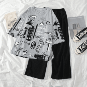 Grey Printed Half Sleeves Shirt with Plain Black Trouser – Nightwear for Ladies