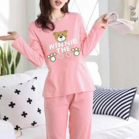 2 Pcs Pink Winnie Printed Long Sleeve Pajamas Sleepwear Night Suits For Women PJs