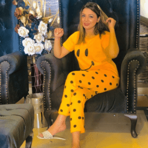 2 Pcs Yellow Colour Smile Printed Design Stylish Half Sleeves Round Neck T-Shirt And Pajama Night Suit For Ladies
