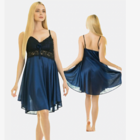 1-Piece Blue Cedar Strap Short Silk Satin Sleeveless Nightie