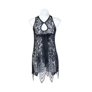 Black Lingerie Lace Babydoll Womens Strap Chemise Nightgown V Neck Nighty Mesh Sleepwear Side Slit Nightdress