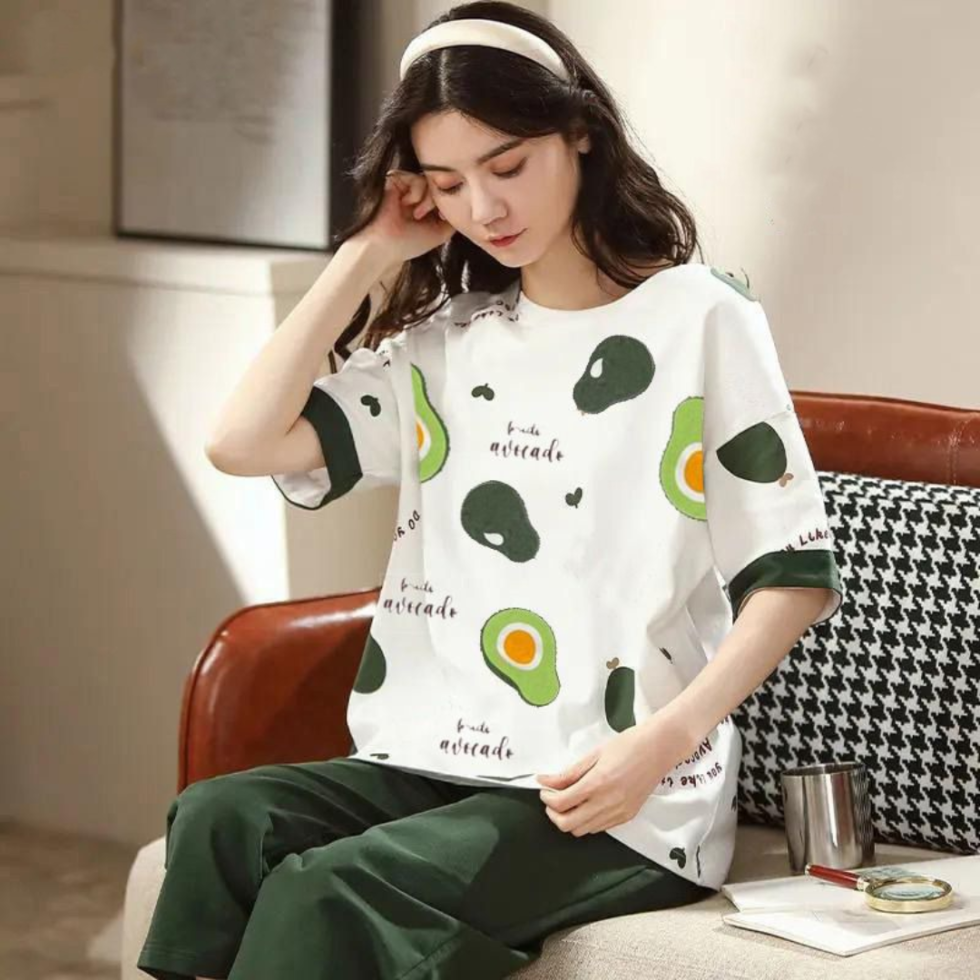 White Avocado Printed Half Sleeves Round Neck T-Shirt and Pajama Night Suit For Women
