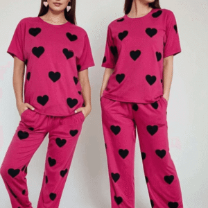 Black Hearts Pink Printed Night Suit