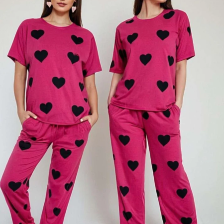 Black Hearts Pink Printed Night Suit