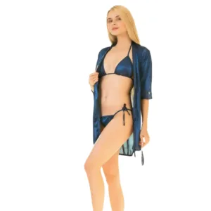 3 Pcs Short Silk Gown with Bikini Set-Blue