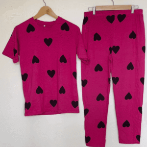 2 Pcs Black Multi Hearts Pink Printed Pajama Set (Shirt Trouser) Night Suit For Women. PJs