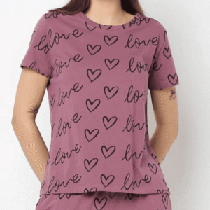 2 Pcs Heart's Printed Regular Fit Pajama Sets For Women. PJs