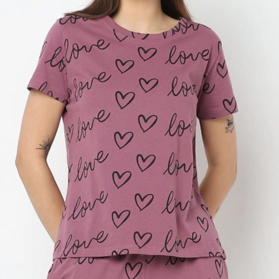 2 Pcs Heart's & Love Printed Regular Fit Pajama Sets For Women. PJs