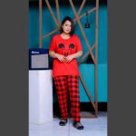 2 Pcs Red Mickey Mouse Printed Design Stylish Ladies Night Suit Pajama Set (Shirt Trouser) Night Suit For Women. PJs