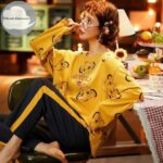 2 Pcs Yellow Cute Tiger Printed Design Stylish Full Sleeves Round Neck Ladies Women Night Suit. PJs