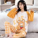 2 Pcs Yellow Bear Printed (Shirt Trouser) Night Dress For Girls. PJs