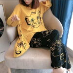 2 Pcs Yellow and Black Lion Full Sleeves Printed Pajama Night Suit For Women.PJs